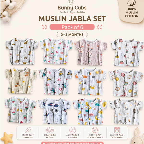 Asorted Muslin Jabla Set (Pack of 6) 0-3 Months