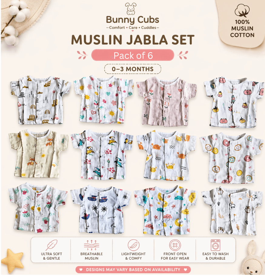 Asorted Muslin Jabla Set (Pack of 6) 0-3 Months