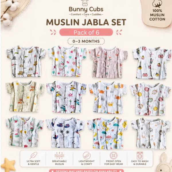 Asorted Muslin Jabla Set (Pack of 6) 0-3 Months